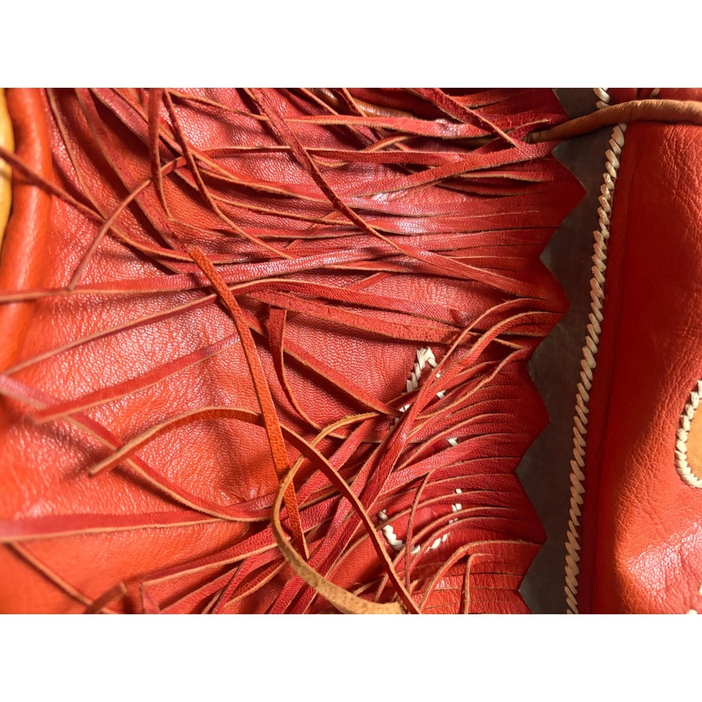 Vintage Handmade Leather Fringe Bucket‎ Bag Orange Red Boho Drawstring - Picture 2 of 4